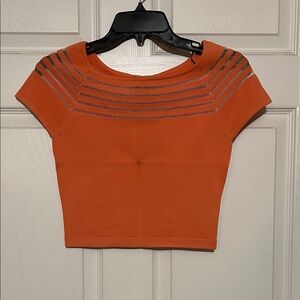 bebe Coral Crop Top with Metallic Silver Stripes